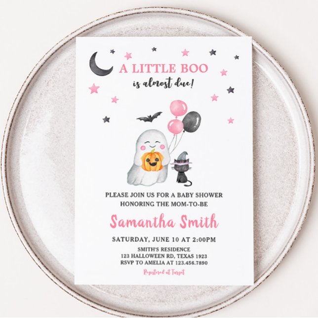 Convites Chá de fraldas de Dia das Bruxas Rosa Pequeno (Cute Pink Ghost Baby Shower Invitation)