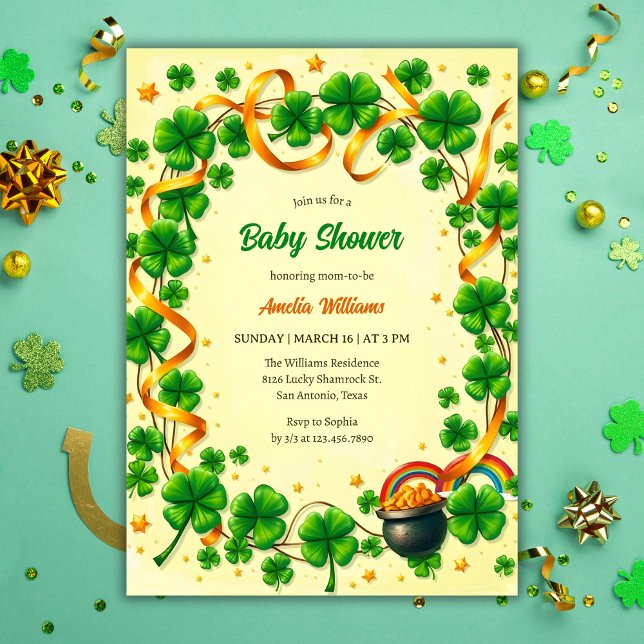 Convites Chá de fraldas de Dia de São Patrício de Shamrock  (Green Lucky Shamrock St. Patrick's Day Baby Shower Invitation)