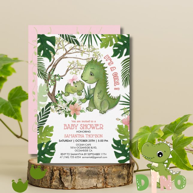 Convites Chá de fraldas de Dinossauro, Arco Rosa, Whimsso (Whimsical Pink Bow Girl Dinosaur Baby Shower Invitation)