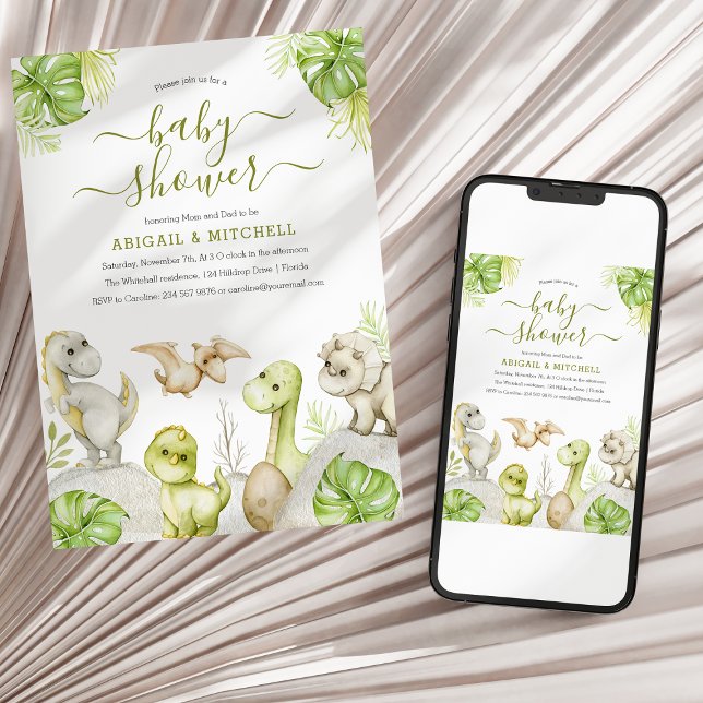 Convites Chá de fraldas de Dinossauro de Aquarela Doce (Criador carregado)