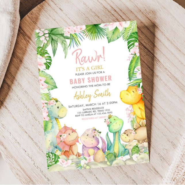 Convites Chá de fraldas de Dinossauro Floral Girl (Greenery Dinosaur Baby Shower Invitation)