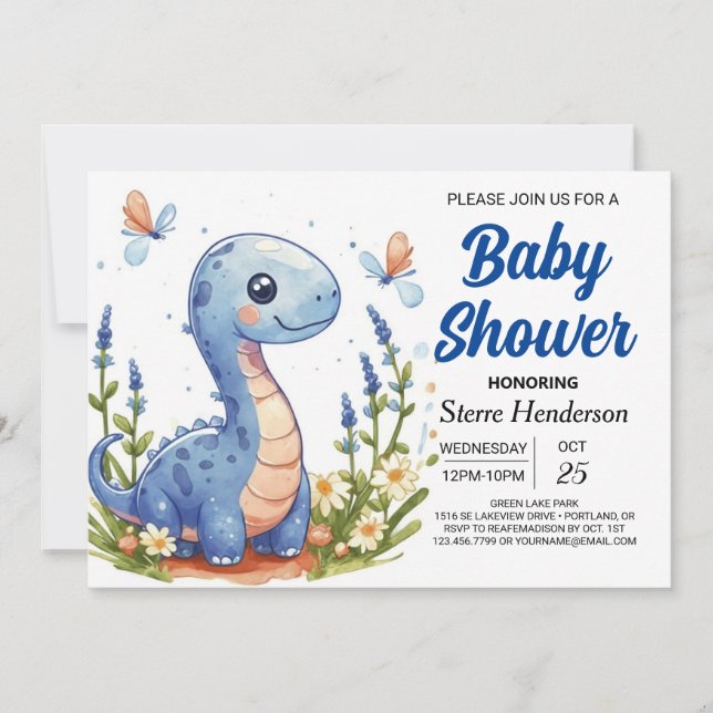 Convites Chá de fraldas de Dinossauro Moderno Azul Encantad (Frente)