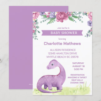 Convites Chá de fraldas de Dinossauro Purple Floral Girls
