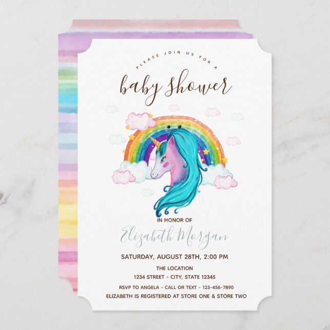 Convites Chá de fraldas de distribuição do arco-íris Unicor (Frente/Verso)