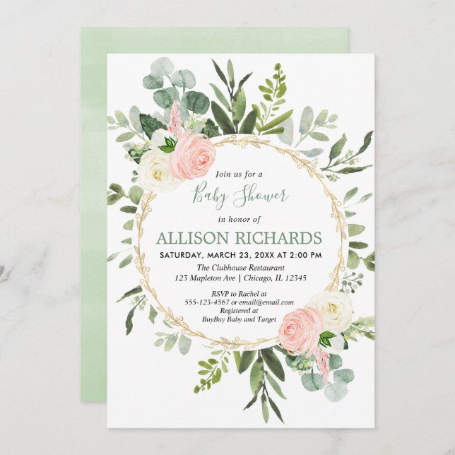 Convites Chá de fraldas de dourada cor-de-rosa com folhagem (Frente/Verso)