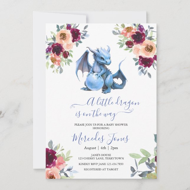 Convites Chá de fraldas de Dragão Azul Floral com Blush (Frente)