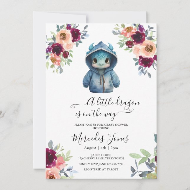 Convites Chá de fraldas de Dragão Azul Floral com Blush (Frente)
