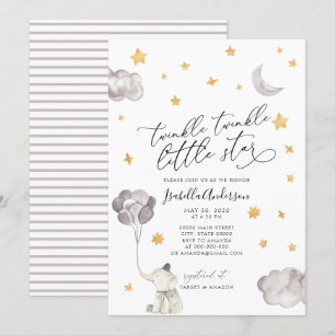 Convites Chá de fraldas de Elefante Amarelo Estrelado Bril