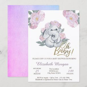 Convites Chá de fraldas de Elefante Bebê Floral