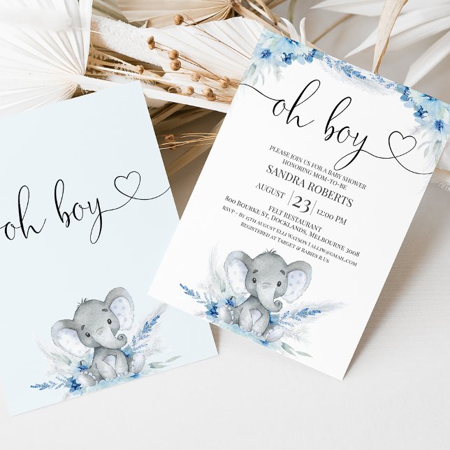 Convites Chá de fraldas de Elefante Blue Boho Floral (Blue boho floral elephant baby shower invitation featuring a calligraphy heading with a heart.)