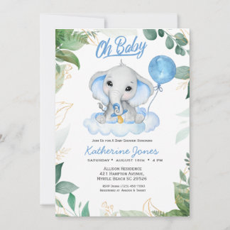 Convites Chá de fraldas de Elefante Boys de Aquarela