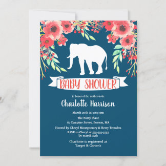 Convites Chá de fraldas de Elefante Branco Trendy Floral