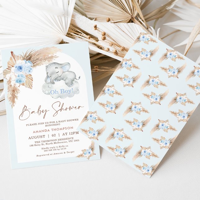 Convites Chá de fraldas de Elefante com Arca Azul Dormindo (Modern boy's elephant themed baby shower invitation with blue boho floral arrangement.)