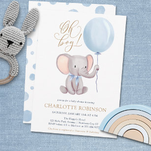 Convites Chá de fraldas de Elefante Cute de Balão Azul Meni