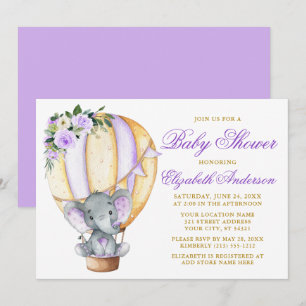 Convites Chá de fraldas de Elefante de Balão Floral Roxo