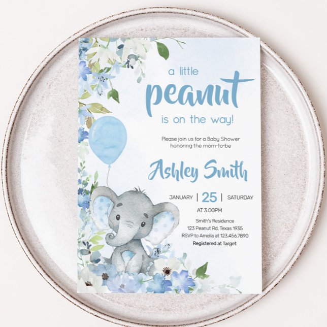 Convites Chá de fraldas de Elefante de Pequeno Amendoim azu (Little Peanut Blue Elephant Baby Shower Invitation)