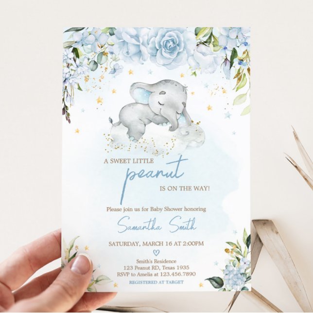 Convites Chá de fraldas de Elefante Floral Azul (Blue Floral Sleeping Elephant Baby Shower Invitation)