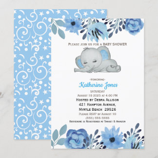 Convites Chá de fraldas de Elefante Floral Azul-Cinto