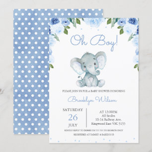 Convites Chá de fraldas de Elefante Floral Azul do Menino
