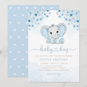 Convites Chá de fraldas de Elefante Floral Blue Watercolor
