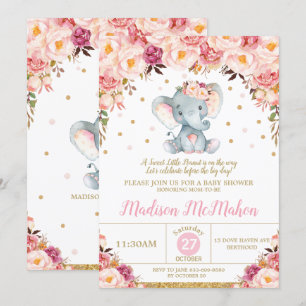 Convites Chá de fraldas de Elefante Floral Blush