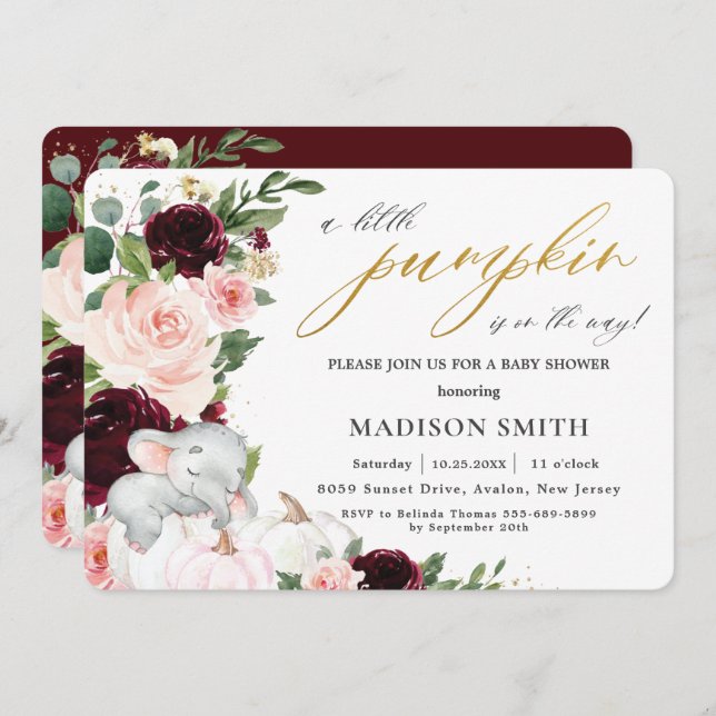 Convites Chá de fraldas De Elefante Floral Burgundy (Frente/Verso)