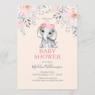 Convites Chá de fraldas de Elefante Floral Pink