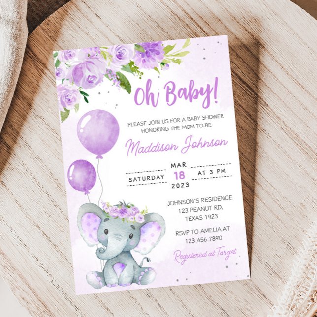 Convites Chá de fraldas de Elefante Floral Roxo (Purple Floral Elephant Balloon Baby Shower Invitation
)
