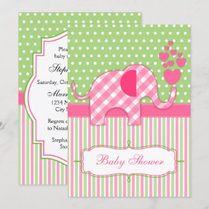 Convites Chá de fraldas de Elefante Gingham Rosa