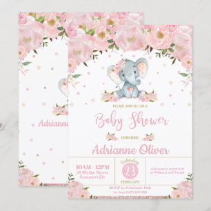 Convites Chá de fraldas de Elefante Glitter Floral Rosa