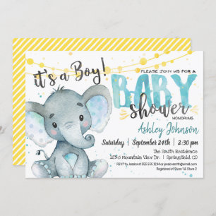 Convites Chá de fraldas de Elefante Menino Azul e Amarelo