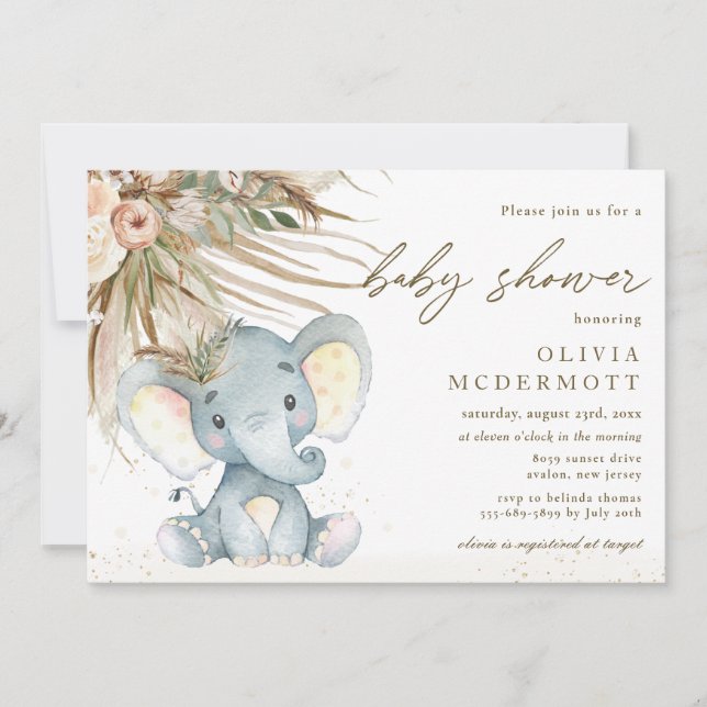 Convites Chá de fraldas de Elefante Neutro do Boho Pampas (Frente)