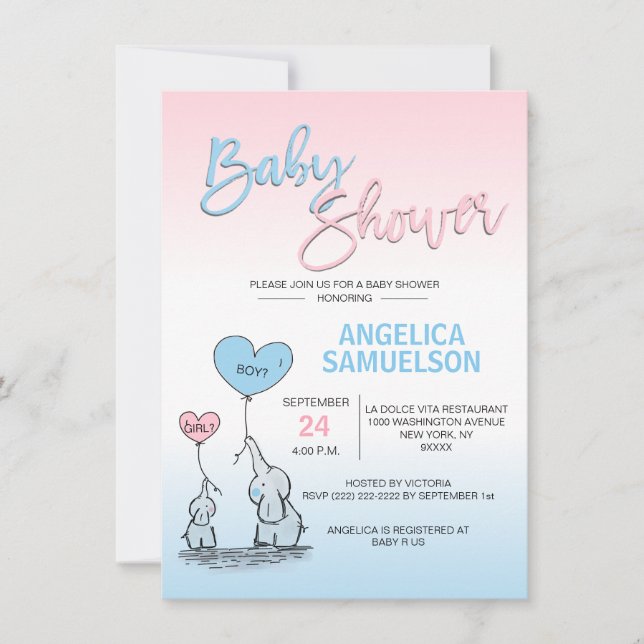 Convites Chá de fraldas de Elefante Neutro ou Menino Azul R (Frente)