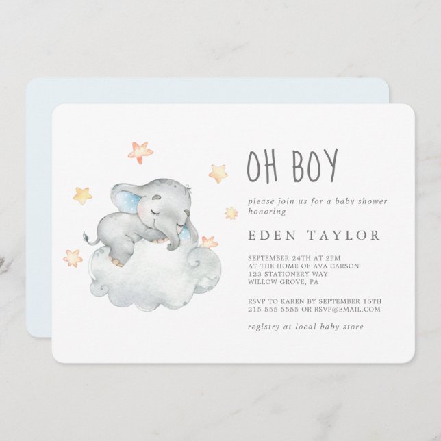 Convites Chá de fraldas de Elefante Pequeno Dormindo (Frente/Verso)