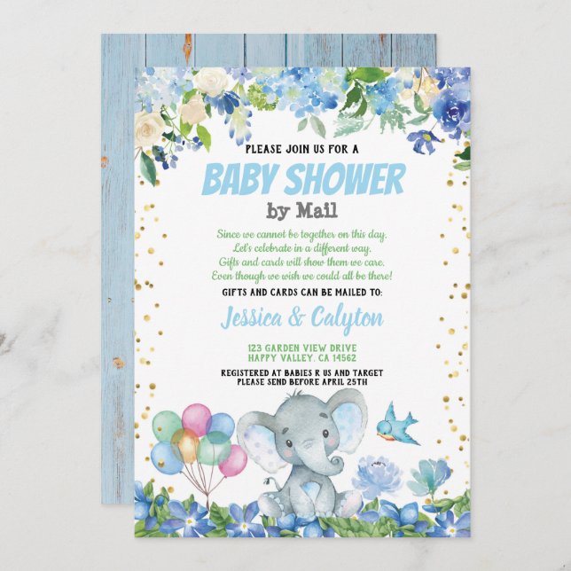 Convites chá de fraldas de elefante por floral azul (Frente/Verso)