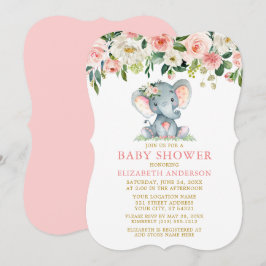 Convites Chá de fraldas de Elefante Rosa Floral de Aquarela