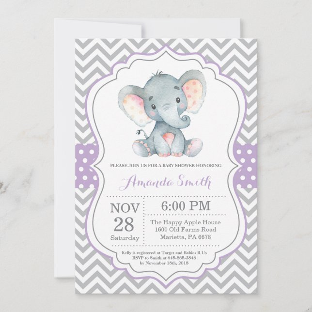 Convites Chá de fraldas de elefante - Roxo e Cinzas (Frente)