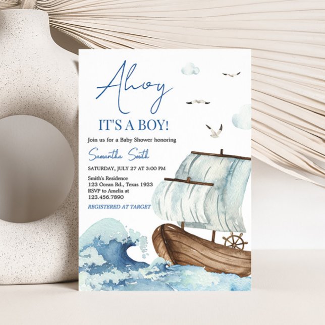 Convites Chá de fraldas de embarcação náutica (Ahoy It's A Boy Baby Shower Invitation)
