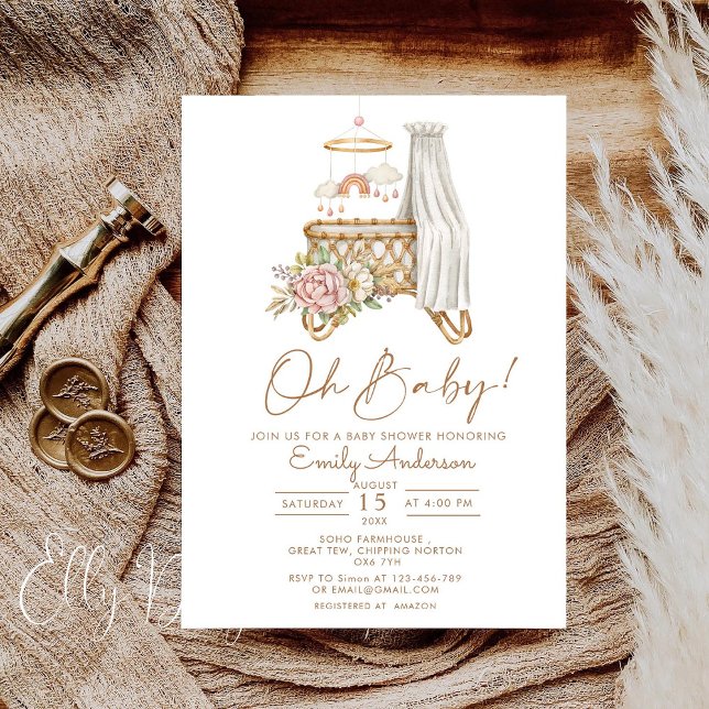 Convites Chá de fraldas de Enfermeiro Boho Floral Crib Bass (Criador carregado)