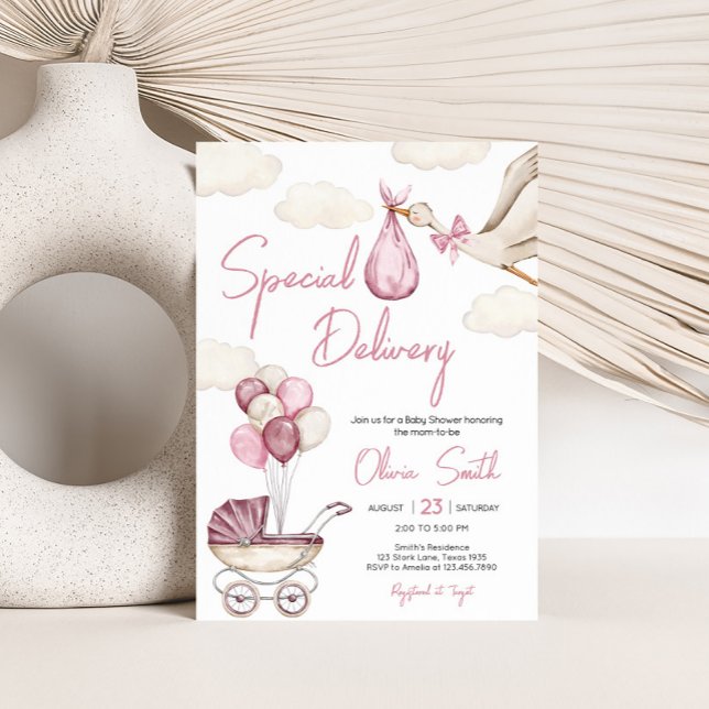 Convites Chá de fraldas de Entrega Especial do Girl Storck (Pink Storck Special Delivery Baby Shower Invitation)
