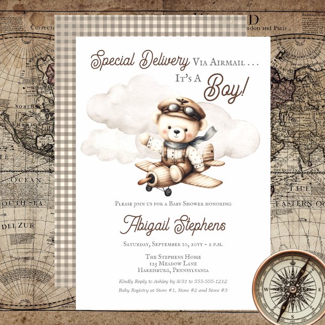 Convites Chá de fraldas de Entrega Especial do Urso de Tedd (Cute "Special Delivery Via Airmail . . . It's A Boy!" Teddy Bear | Airplane Baby Shower Invitation)