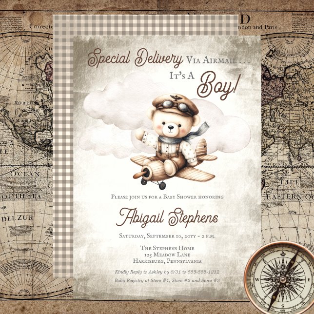Convites Chá de fraldas de Entrega Especial do Urso de Tedd (Cute "Special Delivery Via Airmail . . . It's A Boy!" Teddy Bear | Airplane Baby Shower Invitation)