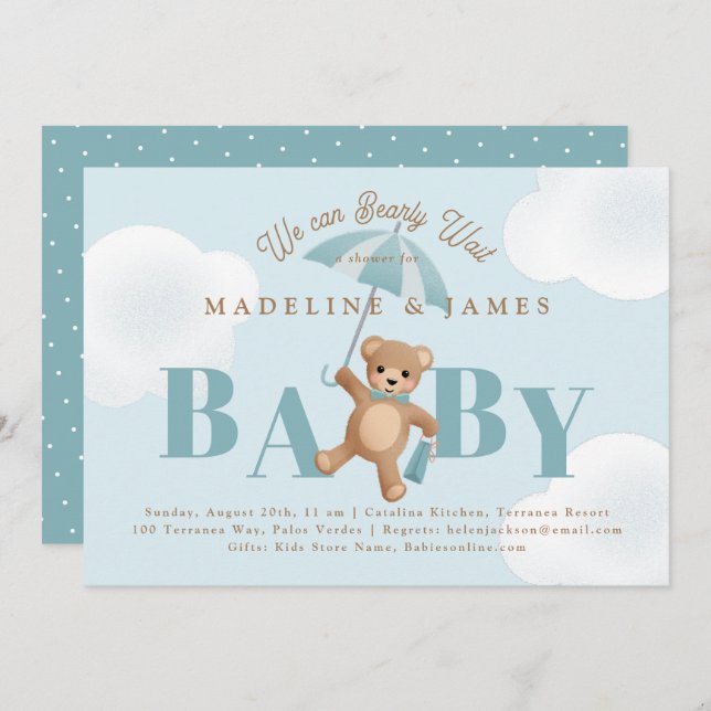 Convites Chá de fraldas de Espera Azul do Urso Clássico (Frente/Verso)