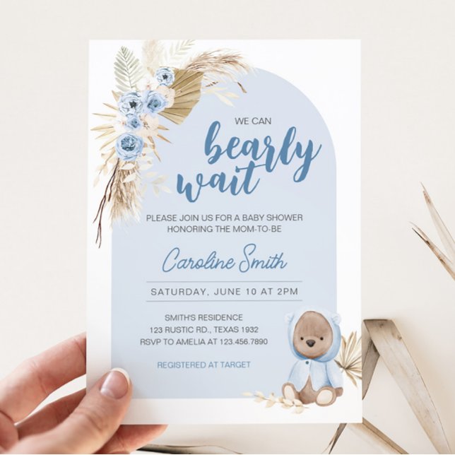 Convites Chá de fraldas de Espera da Pisca Azul (Boho Teddy Bear Baby Shower Invitation)