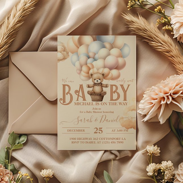 Convites Chá de fraldas de Espera de Balões de Urso de Tedd (Criador carregado)