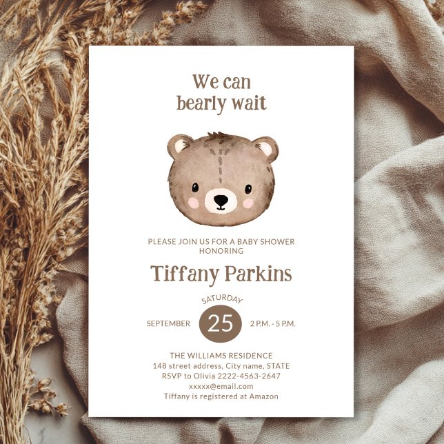 Convites Chá de fraldas de espera de intervalo de corte mín (Minimalistic Bear Baby Shower Invitation | Neutral Boho Baby Shower Template)