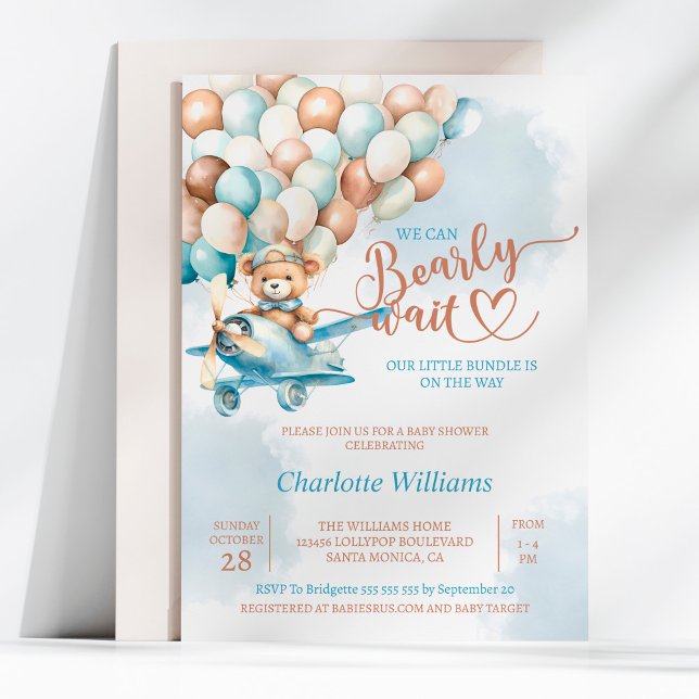 Convites Chá de fraldas de Espera do Balão do Urso de Teddy (We Can Bearly Wait Baby Shower Invitation, We Can Bearly Wait Baby Shower, Blue Teddy Bear, )