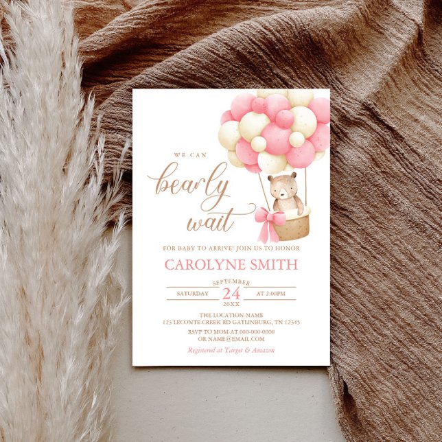 Convites Chá de fraldas de Espera do Balão Rosa do Urso Ted (Criador carregado)