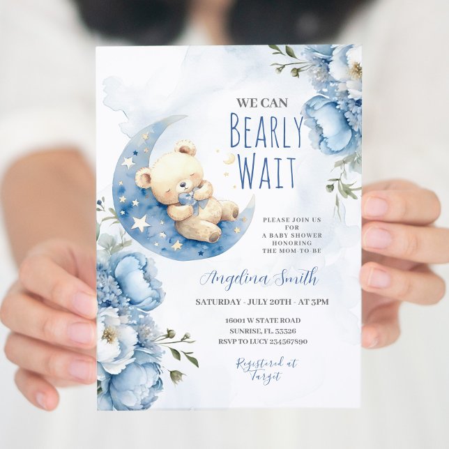 Convites Chá de fraldas de Espera do Urso Azul de Aquarela (Criador carregado)