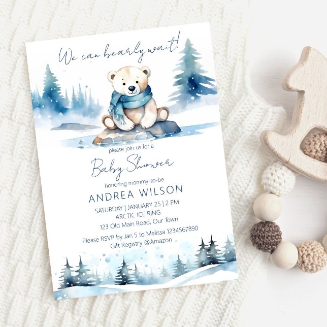 Convites Chá de fraldas de espera do urso polar (Polar bear winter bearly wait baby shower editable template invitation digital download cute teddy)